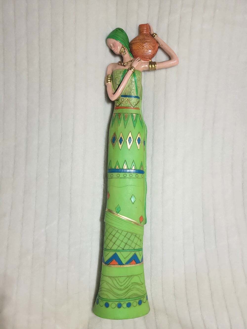 Ceramic women figurine Water Carrier 12.75" tall Green Dress Geometric Art SC